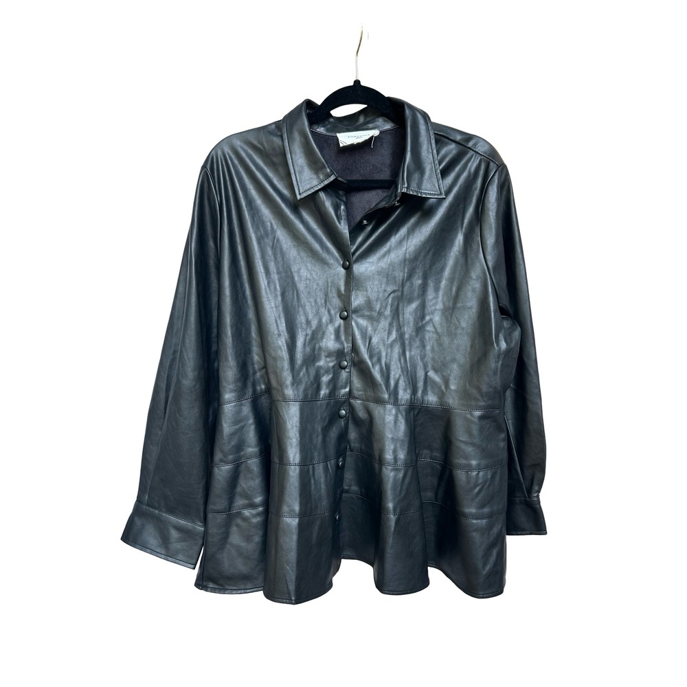 Pomander Place Black Faux Leather Peplum Shirt Jacket XL B1626